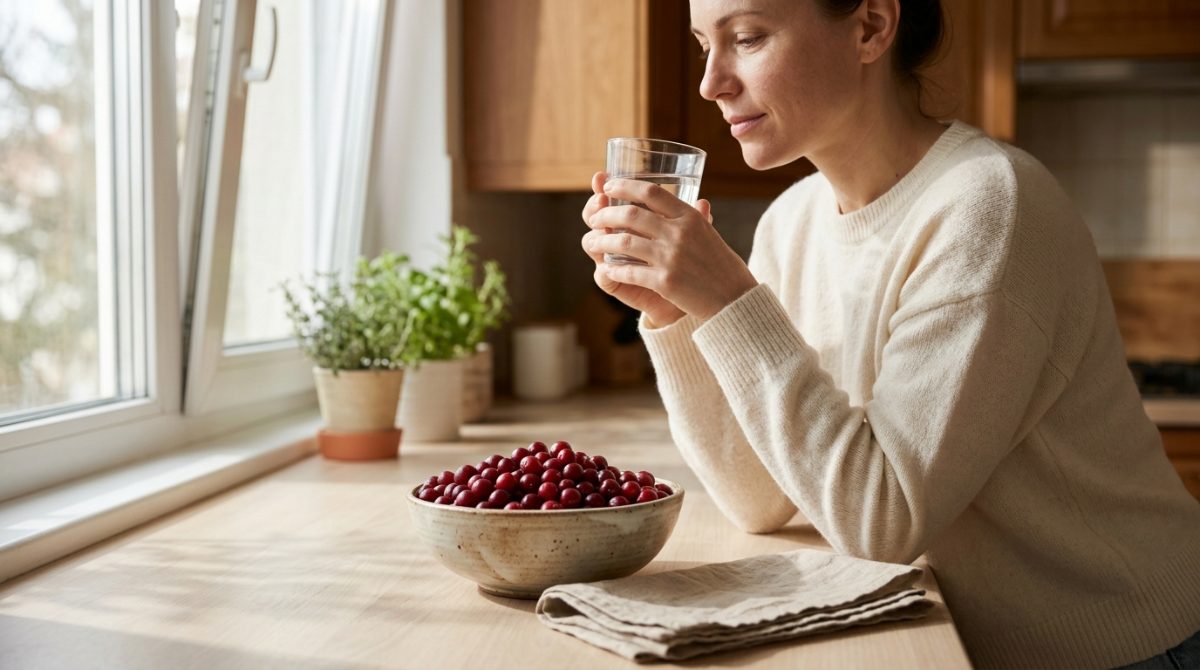 Mulher bebendo um copo de água na cozinha, ao lado de uma tigela de cranberries frescas